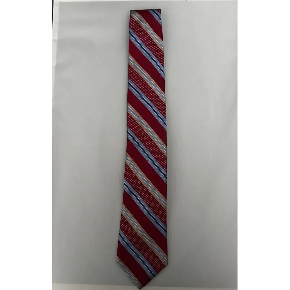 CREMIEUX MENS TIE‎ RED WITH TAN, NAVY AND LIGHT BLUE STRIPES